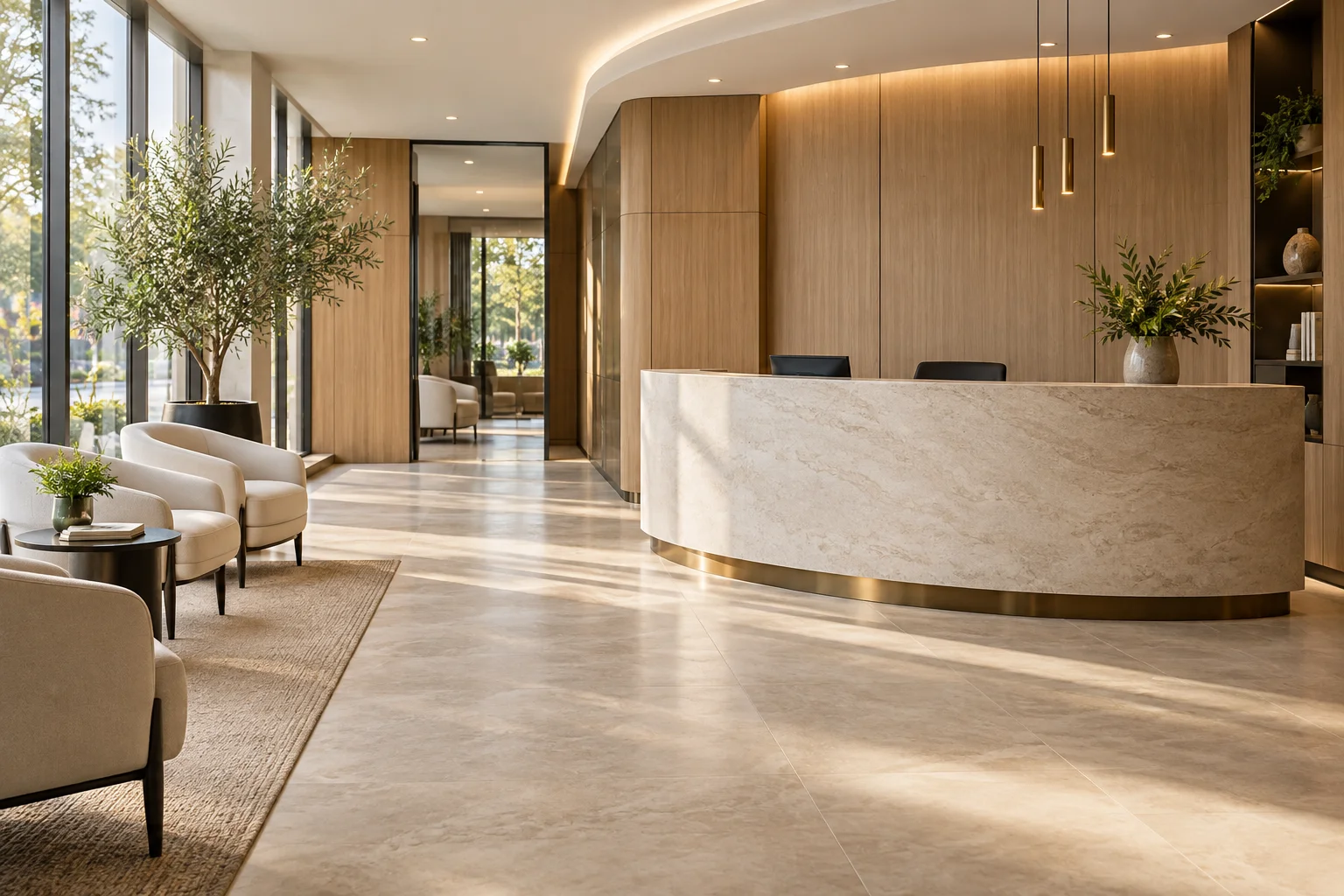A bright, contemporary clinic reception with comfortable seating and natural materials