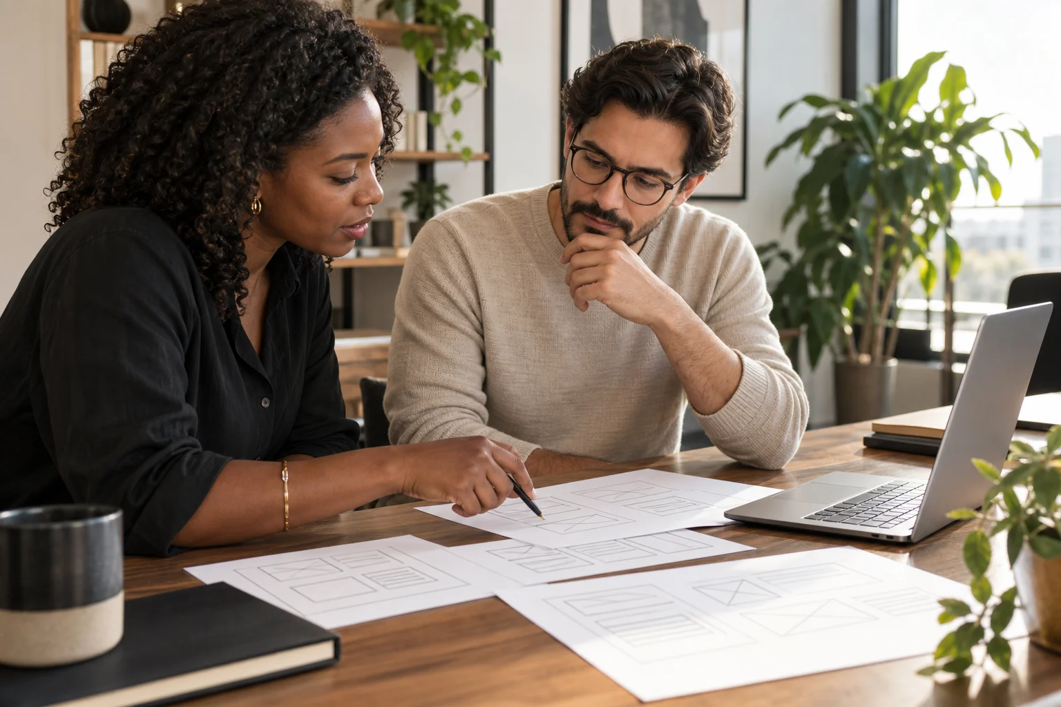 Illustrative scene of two professionals discussing website layouts and a customer journey