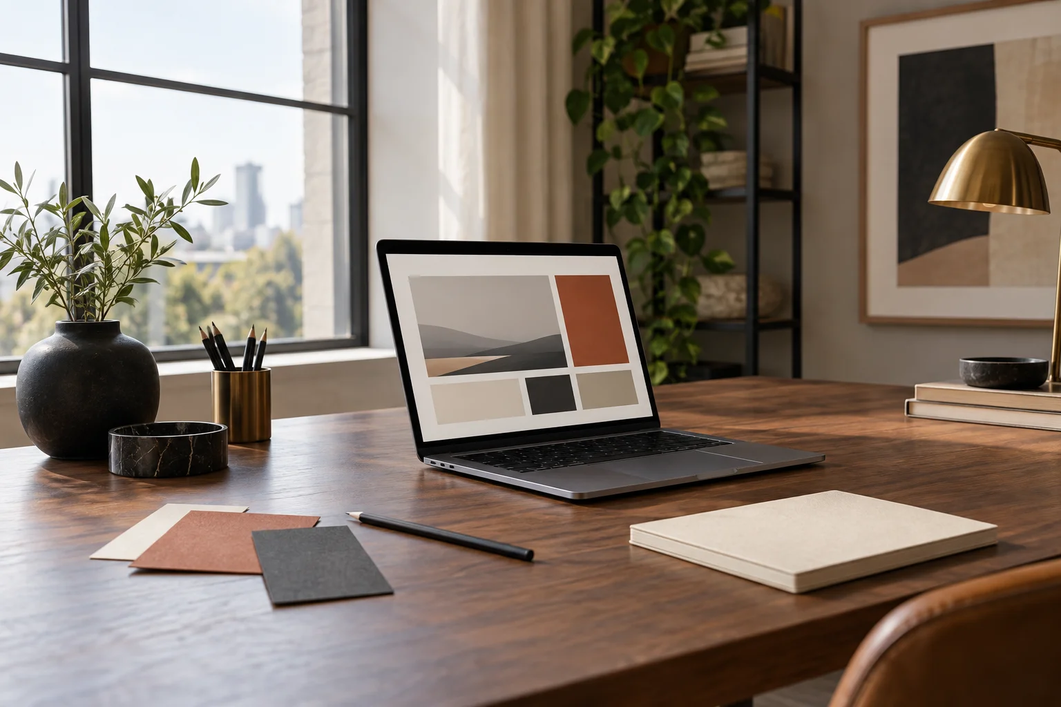 An editorial scene of a design workspace with a laptop, paper layouts and color samples