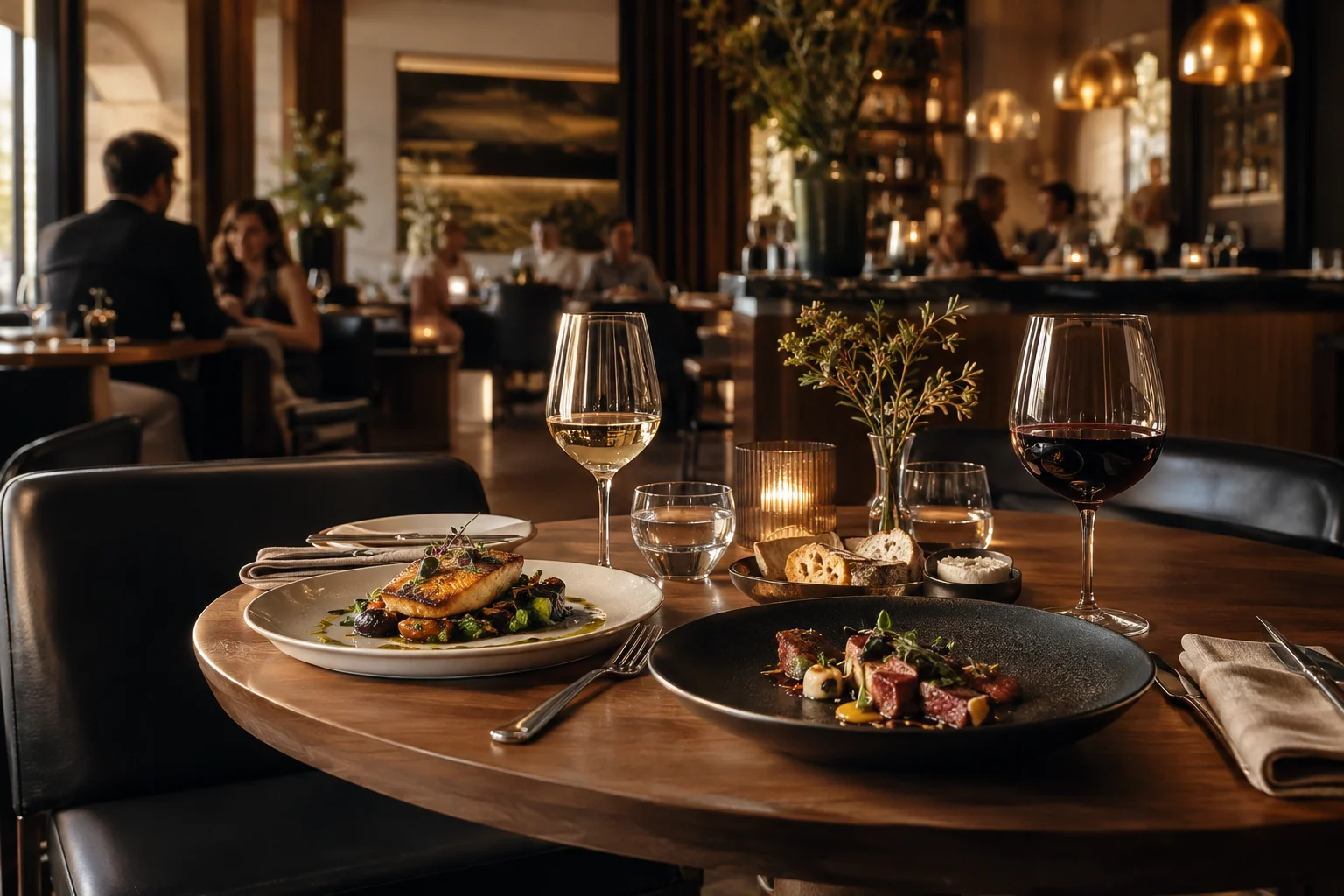 A warmly lit restaurant with a carefully set table