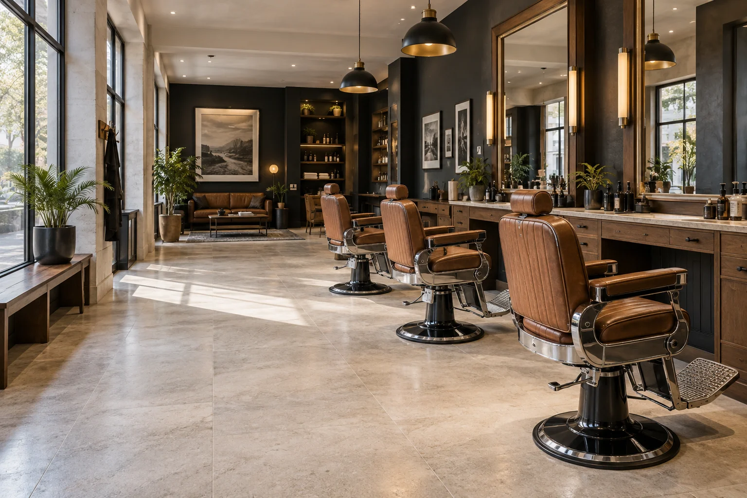 A contemporary barbershop interior with leather chairs, mirrors and warm natural light
